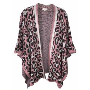Umgee Poncho Sweater S/M Pink Leopard Print Boho Oversized Cozy Kimono Cardigan